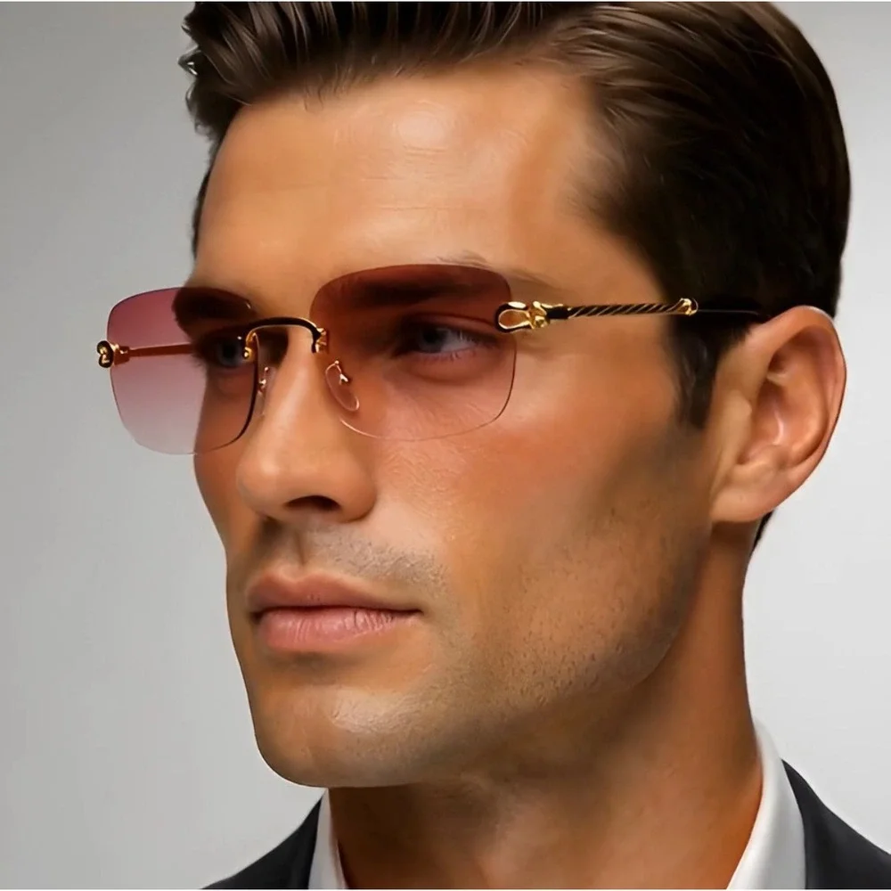 Classic Men Sunglasses Pink Lens Gold Frame Light Weight Comfortable Rimless New